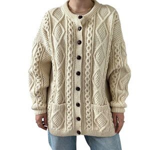 Vintage Hand Knit Blarney Woolen Mills White 100% Wool Irish Fisherman Cardigan